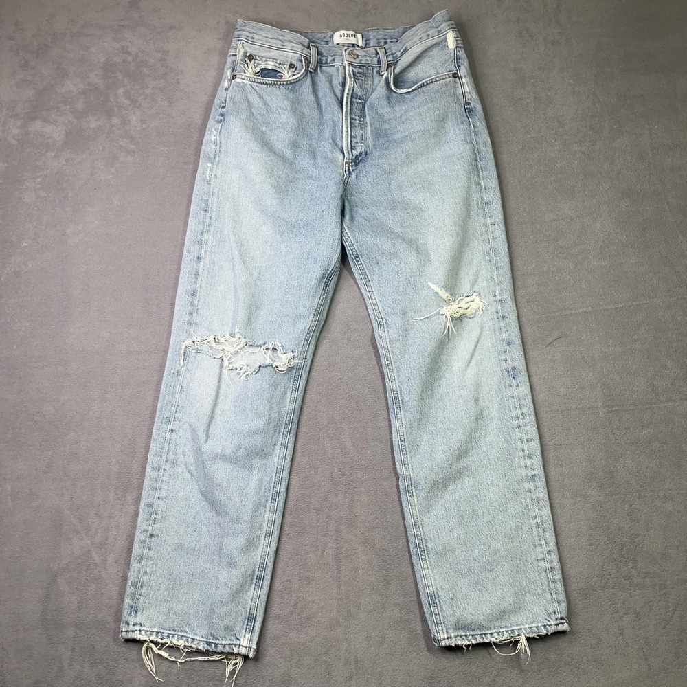 AGOLDE 90s Mid-Rise Loose‎ Fit Jeans Women's 28 Light Blue Distressed Button Fly